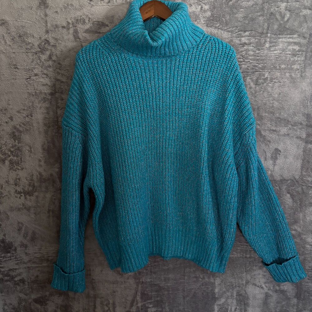 French Connection Large L Teal Marled Chunky Ribbed Turtleneck Sweater Cozy